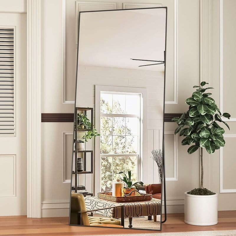 Espelho de chão de comprimento total com moldura de liga de alumínio para quarto, pendurado montado, elegante e ornamentado Design, HD-Imaging, 71 in x 32 in