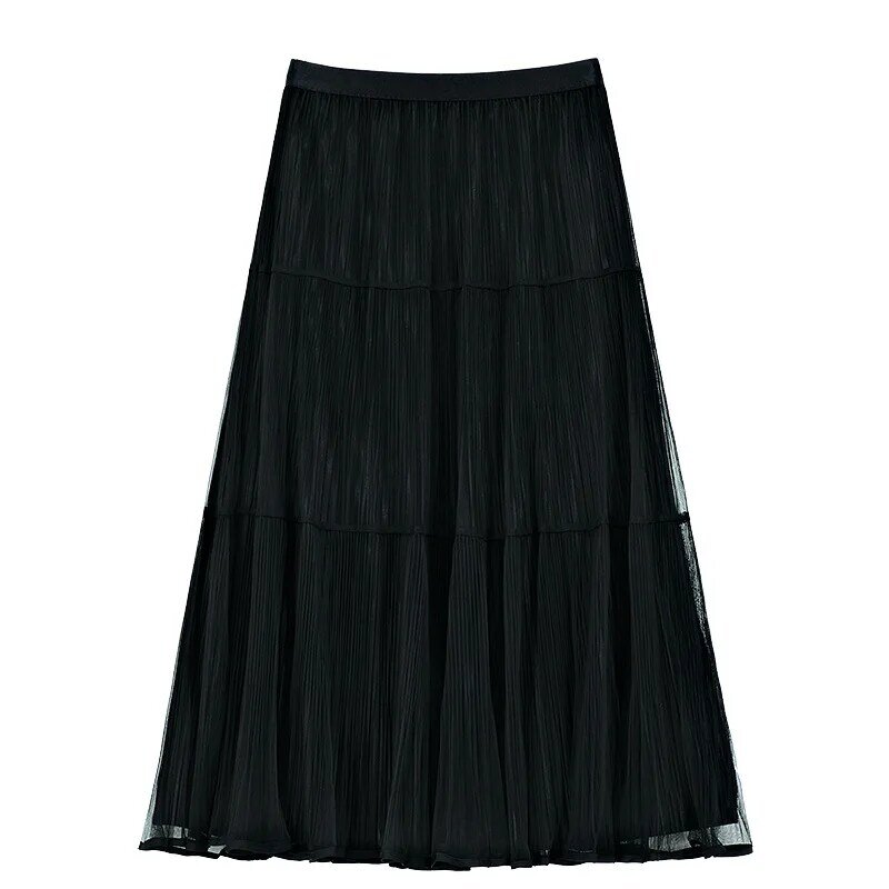 Women's Summer Vintage Long Fashion Midi Maxi Skirts Female High Waist Streetwear Mesh Skirt Ladies Pleated Elegant Skirt Q947