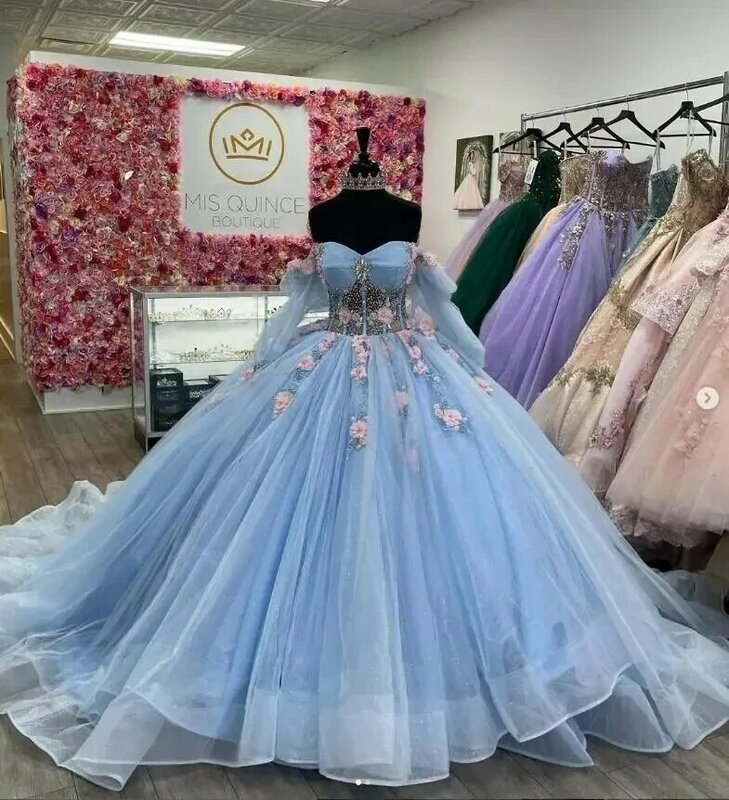 Vestidos princesa Quinceanera com flores 3D, cristais azuis brilhantes, mangas compridas, vestido de baile 15 anos, festa de aniversário