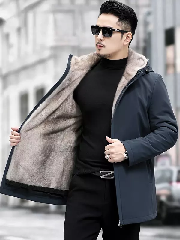 Parkas de piel auténtica para hombre, chaqueta de visón completo, ropa de invierno, abrigo con capucha de talla grande, media y larga, 8XL, novedad de 2023, FC