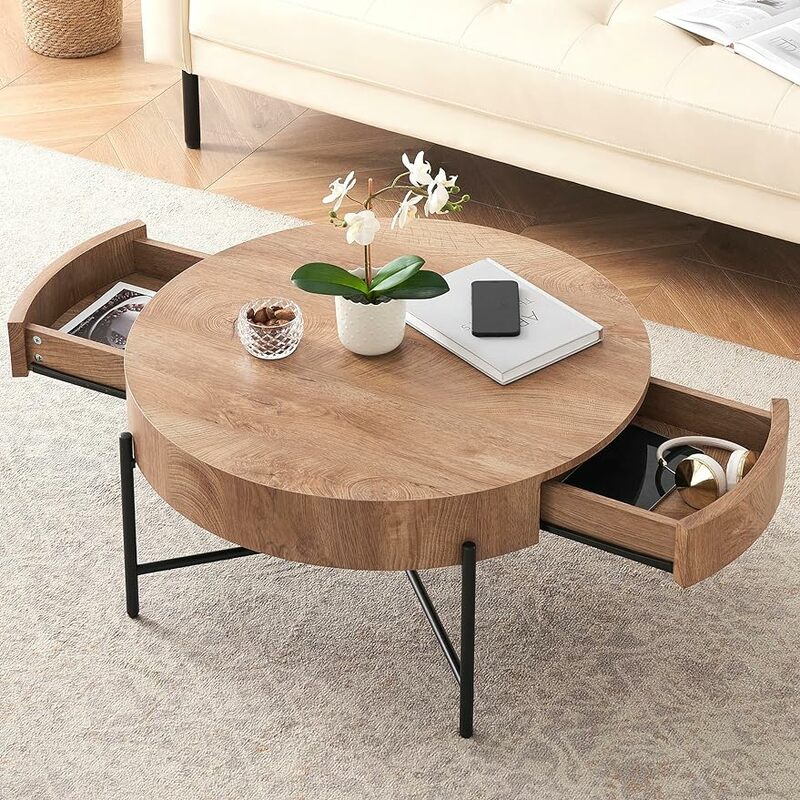IDEALHOUSE meja kopi bulat ruang tamu meja Pusat kayu dengan dua laci rumah pertanian meja kopi pedesaan lingkaran koktail