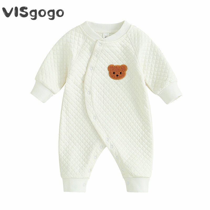 VISgogo Baby Boys Girls Fall Winter Clothes Quilted Jumpsuits Long Sleeve Cute Bear Embroidery Rompers Newborn Casual Outfit