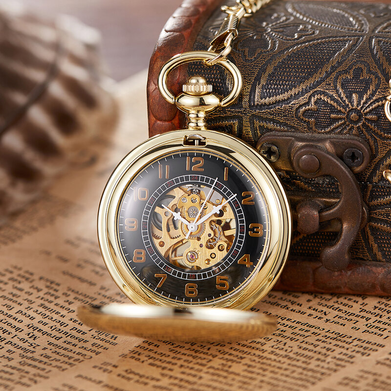 Классические зеркальные карманные часы мужские золотые автоматические механические часы скелетоны полый циферблат цепочка брелок винтажные часы Reloj Hombre