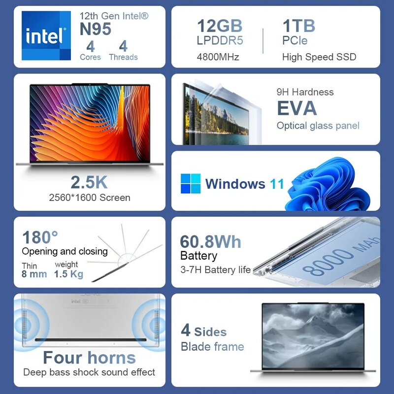 M16แล็ปท็อปของคุณ16นิ้ว2.5K IPS DDR5 12GB 512GB SSD N95 Intel คอมพิวเตอร์การเรียนรู้ของสำนักงาน Windows โน้ตบุ๊ค Ultrabook 11