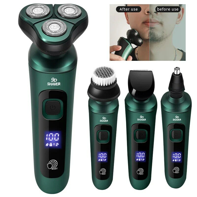 Afeitadora eléctrica inteligente verde con pantalla Digital LCD, maquinilla de afeitar flotante de tres cabezales, recargable por USB, cuchillo multifunción para Barba