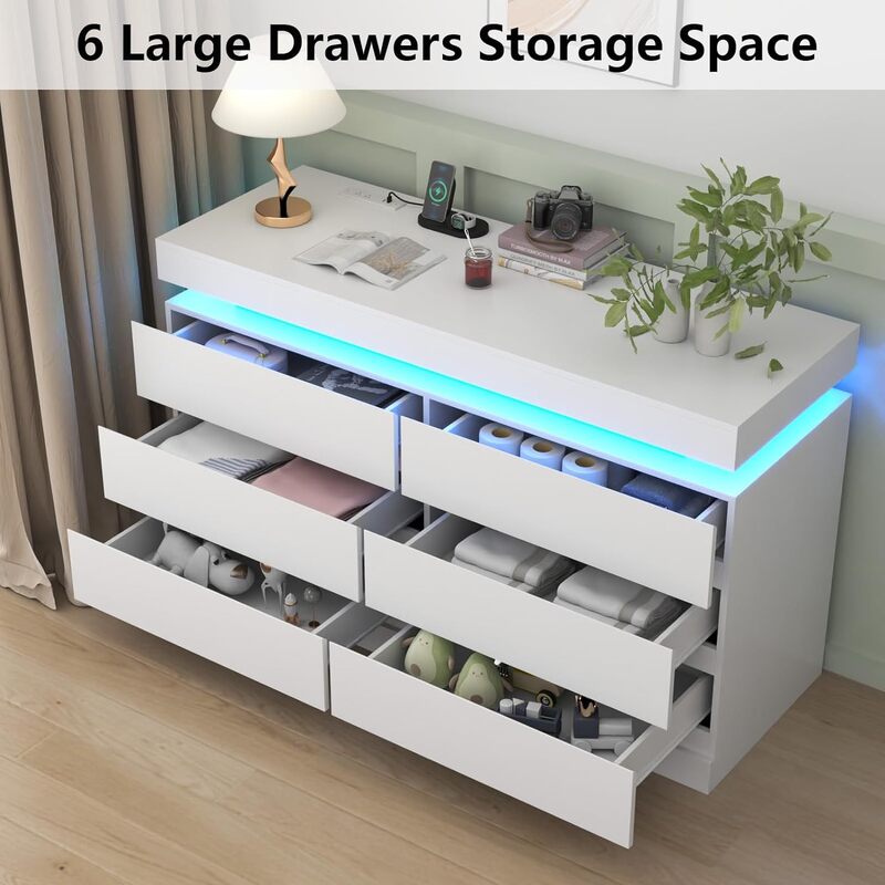 Dresser with Power Outlet, Chest of Drawers with LED Light, White Dresser Organizer with Open Storage Cubby, Modern Nightshatnd