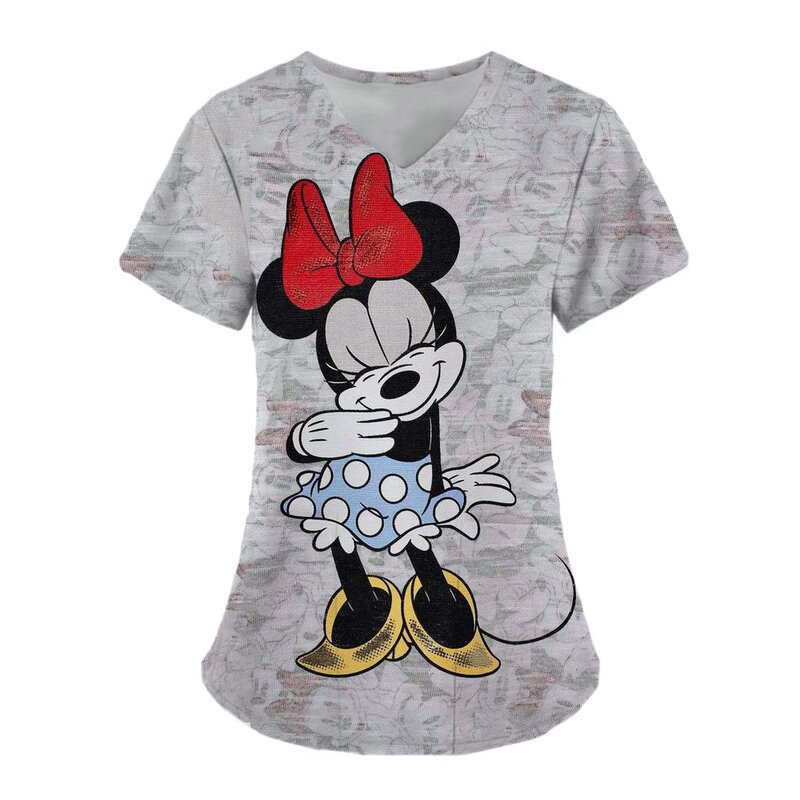 Bluzki Minnie Mouse kieszonkowe odzież damska letnia koszulka Mickey szpital koszulki Disney strój pielęgniarki Top damskie 2023 V dekolt