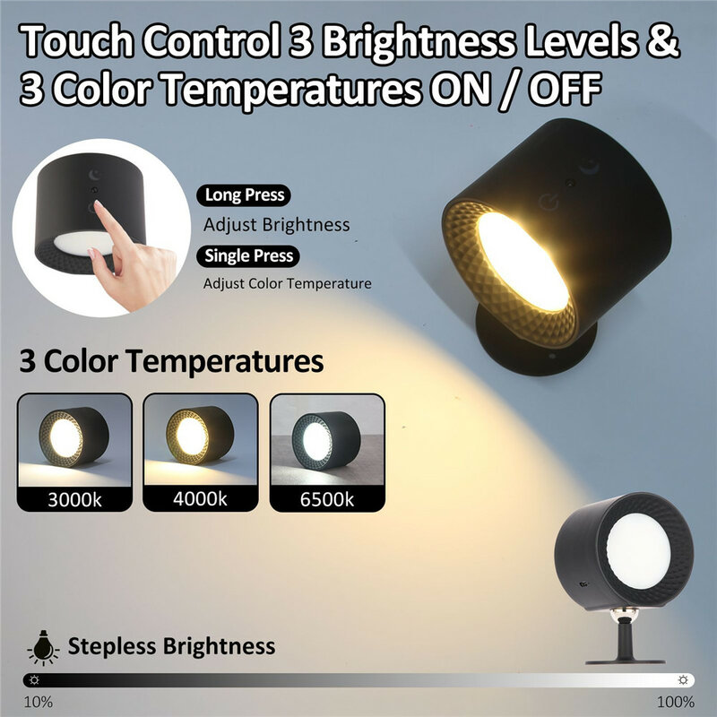 Carregamento magnético Quarto Bedside Reading Light, LED Touch, controle remoto, 360 graus de rotação, lâmpada de parede decorativa