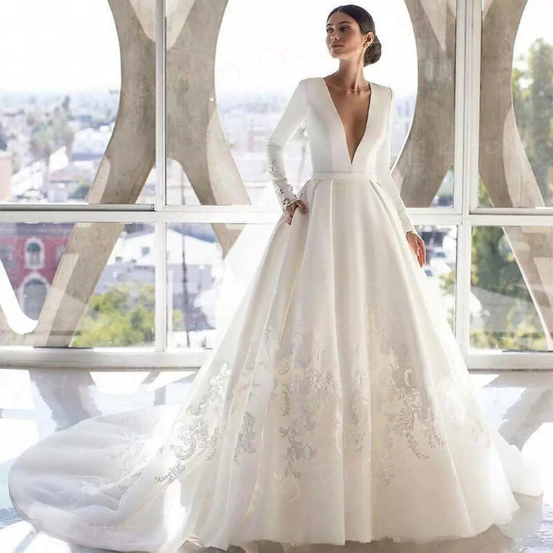2024 Generous A Line Women's Wedding Dresses Lace Appliques Bride Gowns Simple Long Sleeve Sexy V Neck Button Vestido De Noivas