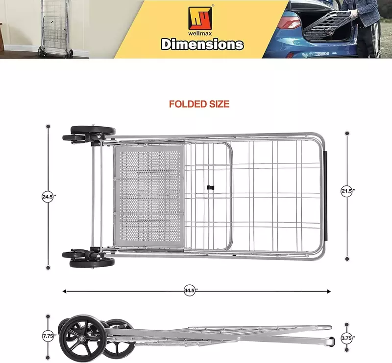 Wózek na zakupy Wellmax, metalowe wózki spożywcze na artykuły spożywcze, składany wózek do wygodnego przechowywania i mieści do 160 funtów