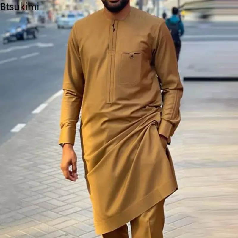 2024 Men's Muslim Sets for Party Wedding Traditional Africa Clothing 2 Pieces Sets for Men Solid Long Sleeve Suit and Pants Sets