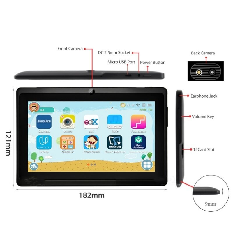 Android 10 Kids Tablets PC 7 INCH llwinner A33 CPU Quad Core DC Charger 2GB DDR+16G Dual Camera 1024x600 IPS Screen