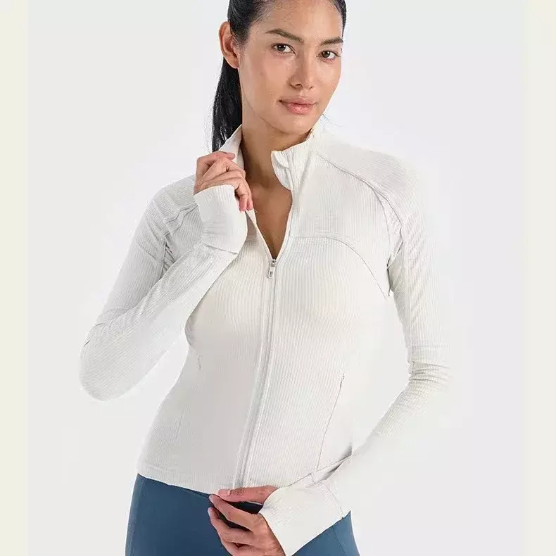 Limão-Jaqueta esportiva feminina com nervuras cortadas, pescoço em pé, leve, respirável, elástico alto, fitness, casaco de ioga