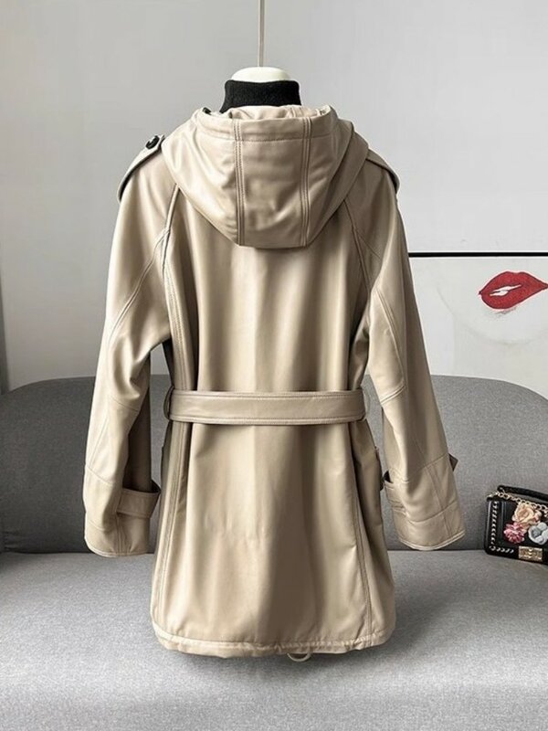 Giacca in pelle 2023, giacca lunga in vera pelle da donna autunno Zip colletto alla coreana soprabito con cappuccio giacche a vento Casual di alta qualità R
