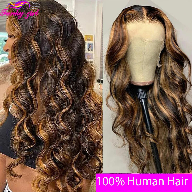 Highlight Body Wave Wig Human Hair Lace Wigs 4/27 Honey Blonde Body Wavy T Part Lace Human Hair Wig For Women Brazilian Remy Wig
