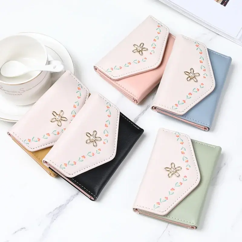 New Small Purse Female Short Print Three Fold Student Wallet Large Capacity PU Leather Envelope Wallet for Women