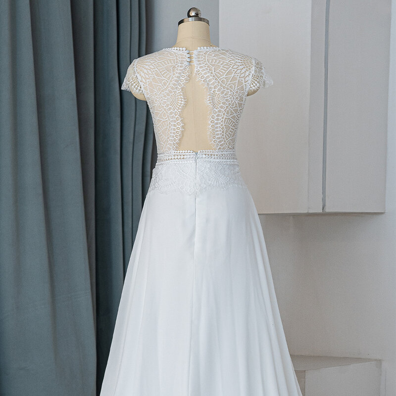 فستان زفاف دانتيل برقبة حرف V للعروس ، أكمام قصيرة ، فستان زفاف على شكل حرف A ، علامة تجارية جديدة ، تصميم شائع ، أو QW01656