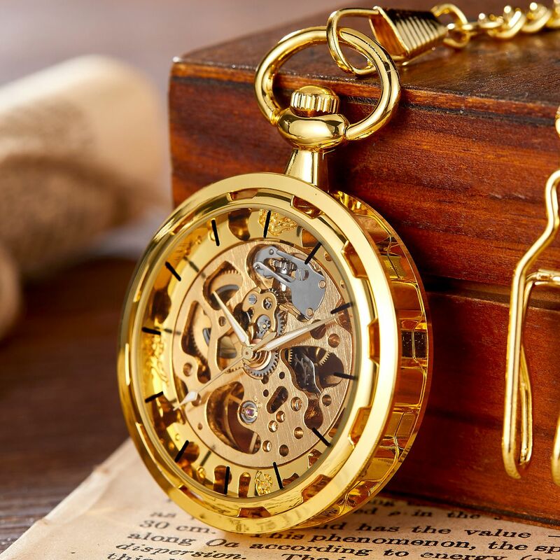 Retro Steampunk Skeleton Mechanical Fob Pocket Watch Clock Necklace Pendant Hand-Winding Men Women Chain Gift