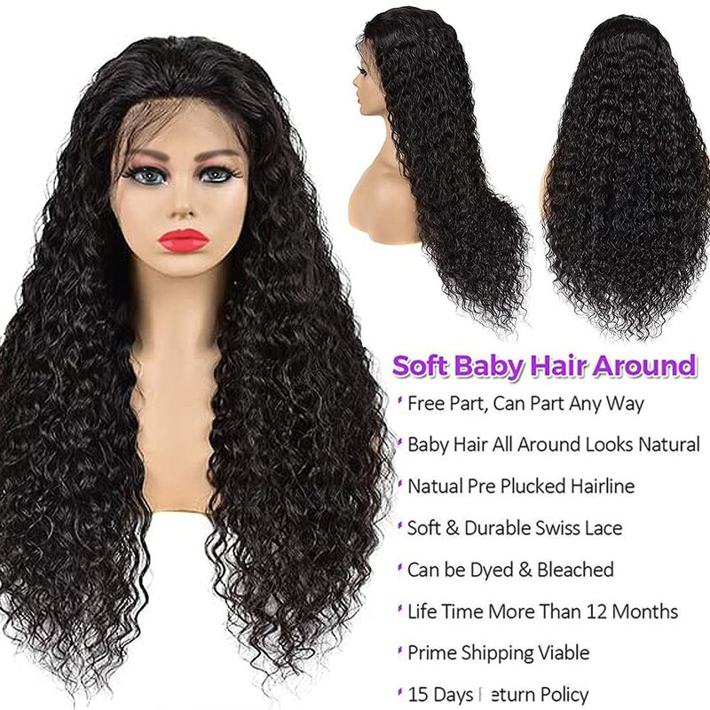 Perruque Lace Front Wig brésilienne naturelle, cheveux ondulés, Deep Curly, 32 34 pouces, 13x6, Transparent HD