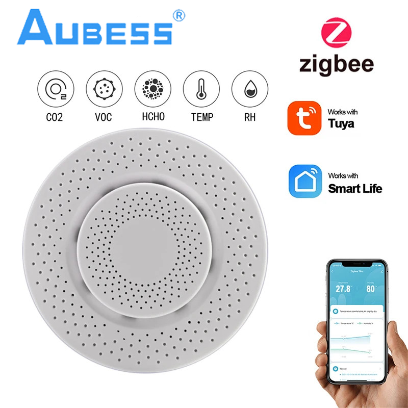 Zigbee-Monitor de calidad del aire para hogar inteligente, dispositivo 5 en 1 con formaldehído VOC Co2, Sensor Detector de humedad y temperatura, Tuya 3,0