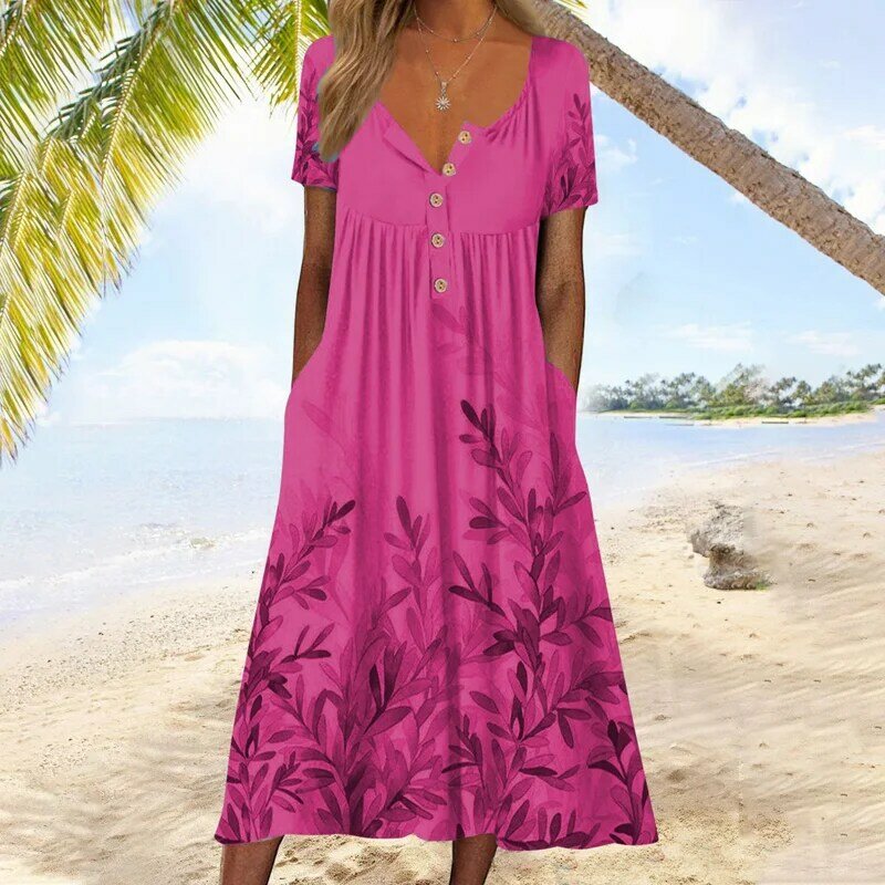 루즈 웨이스트 캐주얼 편안한 신축성 슬림 여성 의류, 패션 프린트 V넥 버튼 그레이스 드레스, 여름 인기