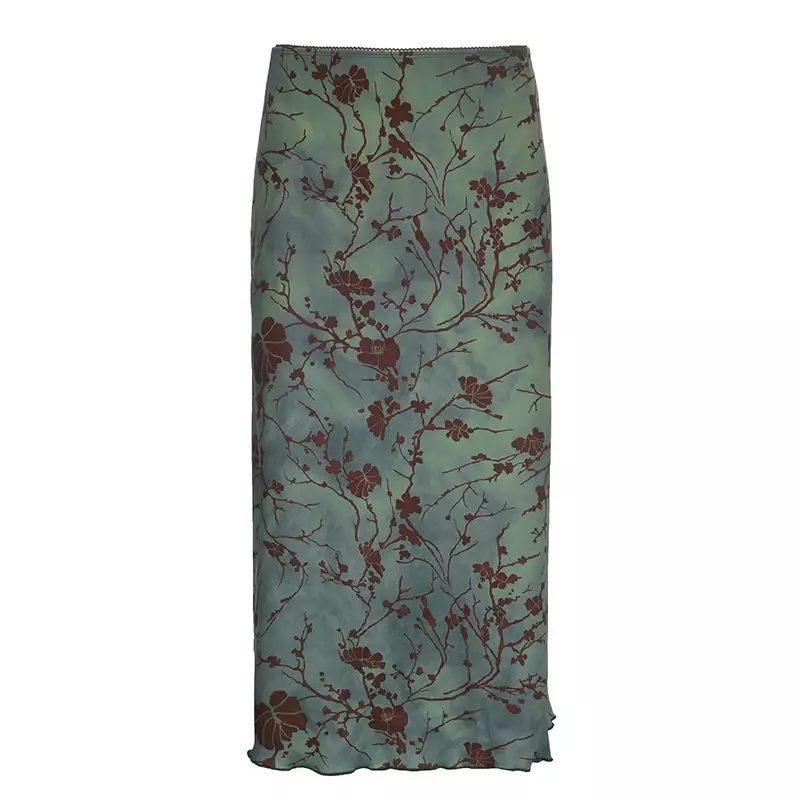 2024 New Vintage Style Print Ink Smudge High-waisted Skirt Autumn/winter Color Contrast Slim Spice Straight Skirt