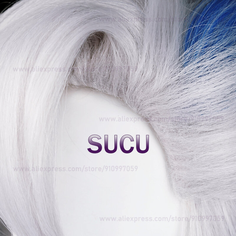 Neuvillette 코스프레 가발, 원신 임팩트, 100cm 길이, 파란색 흰색 머리, 폰테인 내열성 합성 가발