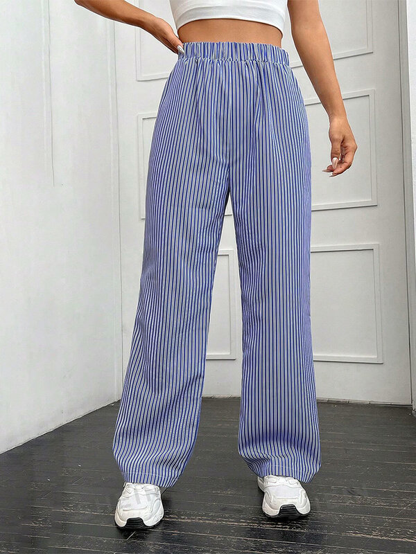 着物ydreama-女性のためのカジュアルなストライプパンツ、伸縮性のあるウエストのゆったりとしたパジャマパンツ、ストレートレッグ、ストリートウェア