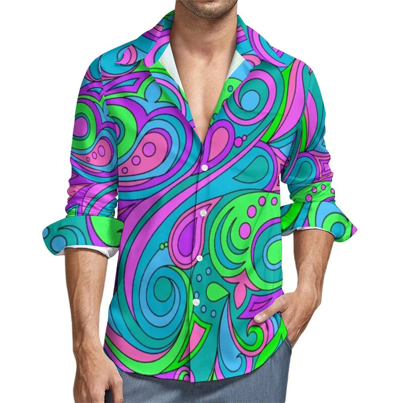 Camisa masculina casual de manga comprida, flor colorida, impressão 3D, tops confortáveis de botões, moda street trend