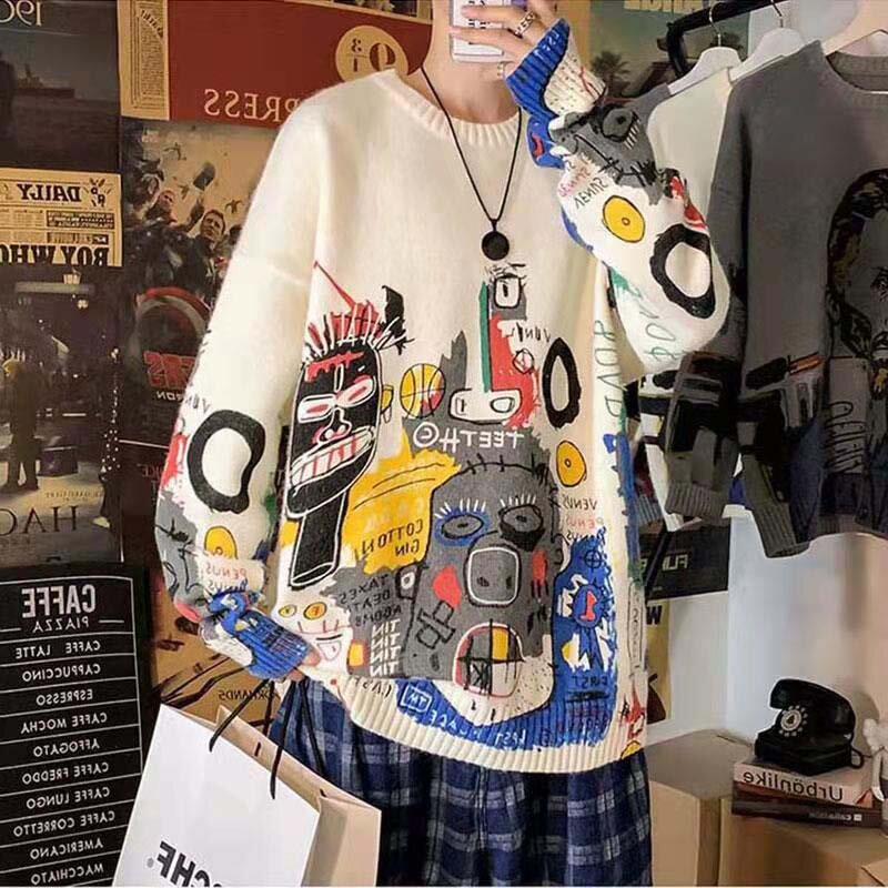 Japanese Doodle Wild Sweater Male Ins Loose Retro Student Foreign Airline Clothes Autumn And Winter Loose Wear Sweater