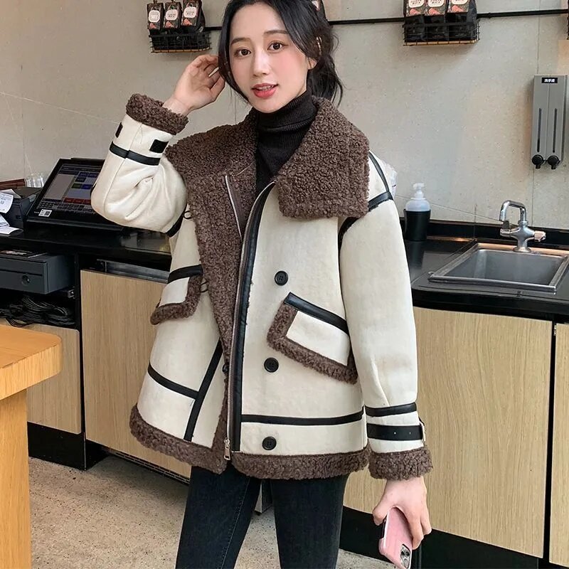 Granular Cashmere lamb Wool Splicing Fur Coat Female New Fall/Winter Loose Versatile Fur Coats Women Motorcycle Clothing Jacket