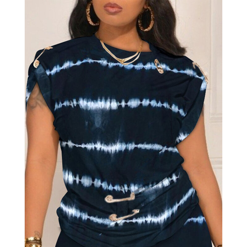 Plus Size Navy Blue Daily Tie Dye Print High Waist Two Pieces Shorts Set