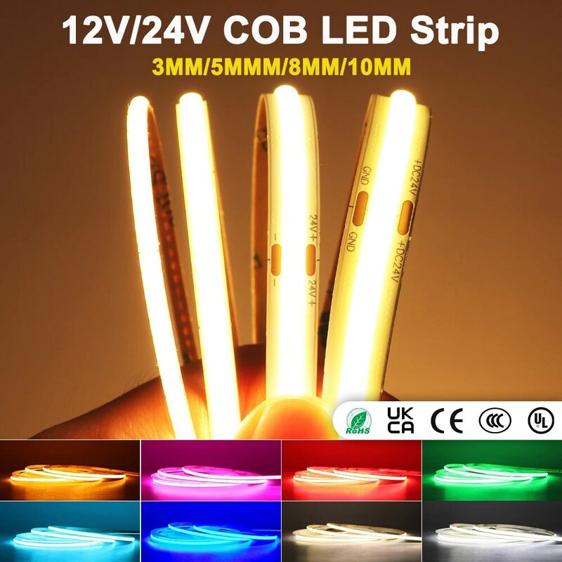 12V/24V COB แถบไฟ LED สีแดง/สีเหลือง/สีเขียว/สีชมพู/สีฟ้า/Cool Blue/อบอุ่น/ธรรมชาติ/เย็นสีขาวความหนาแน่นสูงยืดหยุ่น Dimmable RA90แถบไฟ LED