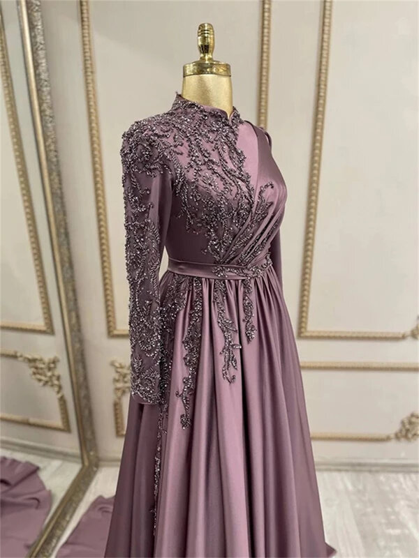 GorgeousAapplique 새틴 이브닝 드레스, 이슬람 레트로 로브, 2023 아랍 쇼레, 긴 소매 포멀 파티 가운