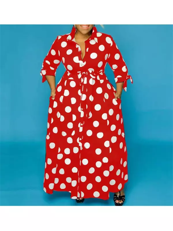 Gaun ukuran besar Wmstar untuk wanita motif polkadot dengan saku gaun Maxi pesta mode diskon besar Dropshipping grosir
