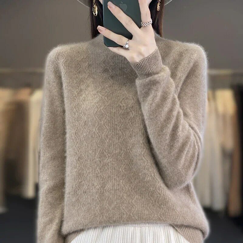 100% pure wool cashmere sweater Women's high neck pullover casual knit top Spring and Autumn women's jacket Korean fashion top