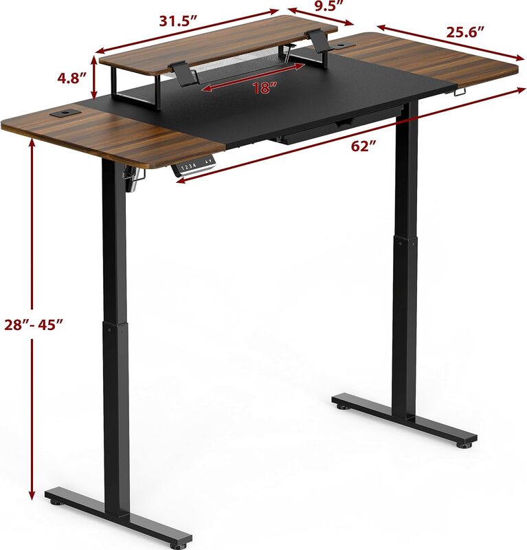 62 inci ekstra besar tinggi listrik meja berdiri dapat disesuaikan dengan Monitor Riser dan Laci, 62x28 inci, Walnut