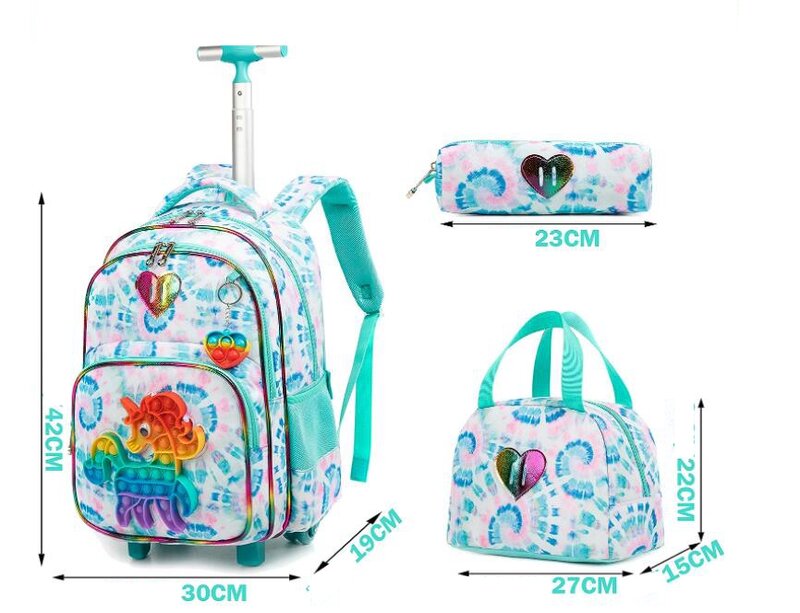어린이 롤링 배낭 세트, 점심 가방, 펜 가방, 바퀴 달린 배낭, 소년 소녀 학교 트롤리 가방