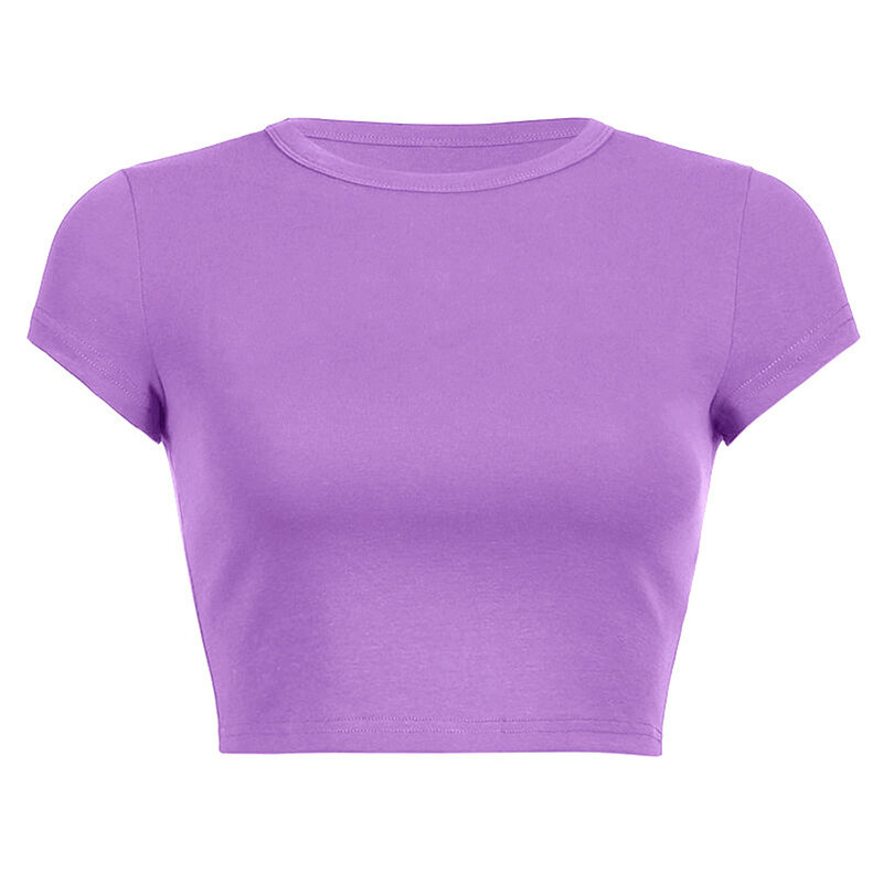 Women Cropped Top Summer Short Sleeve T-shirts Ladies Solid Basic Tee Top Round Neck Pullover Shirt Plain Tops