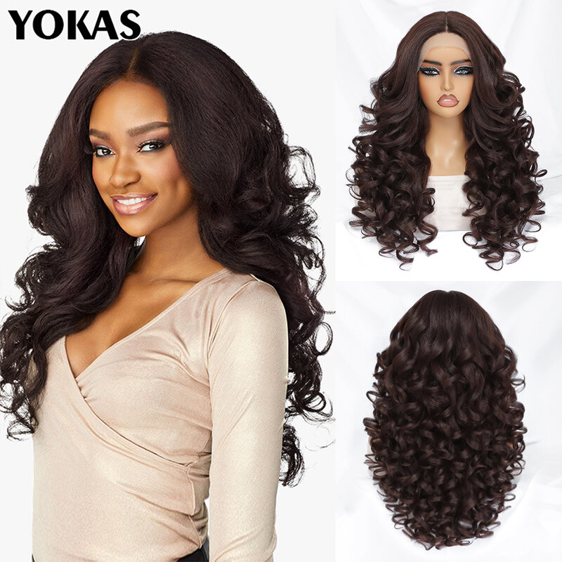 Pelucas frontales de encaje sintético para mujeres negras, pelucas Afro rizadas sin pegamento para Mujeres Afro, marrón Chocolate, 24 pulgadas
