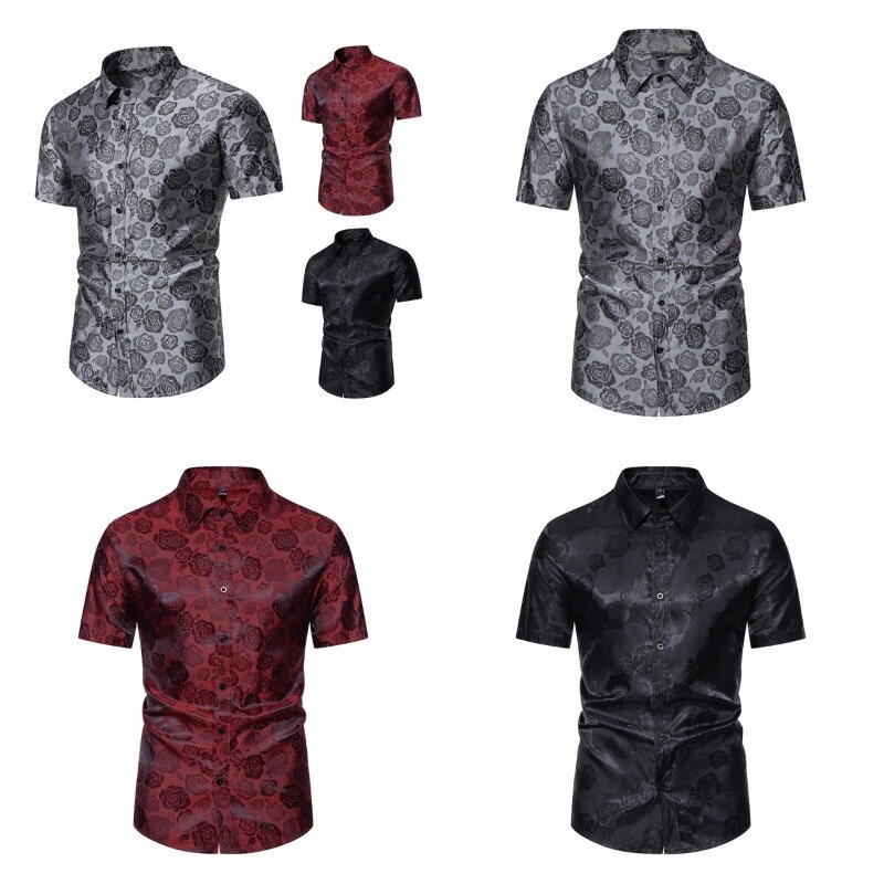 Summer New Men's Short Sleeved Fashion Button Shirt Rose Print Casual Button Shirt Slim Fit Formal Shirt