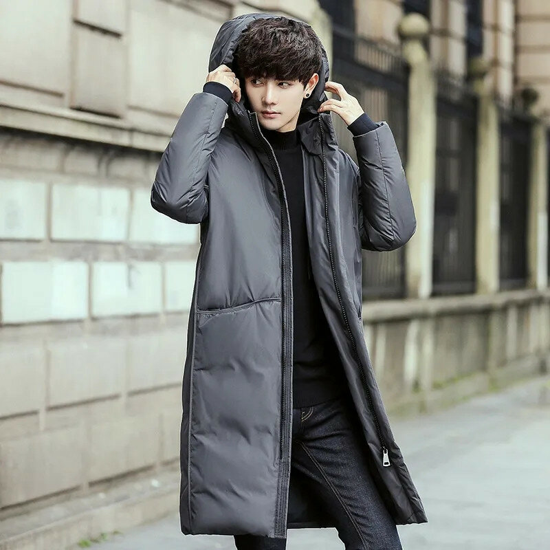 Winter Coat Men's Clothing Solid Color Hooded Mid-length Slim Jacket Zipper Pocket Fashion Padding A023
