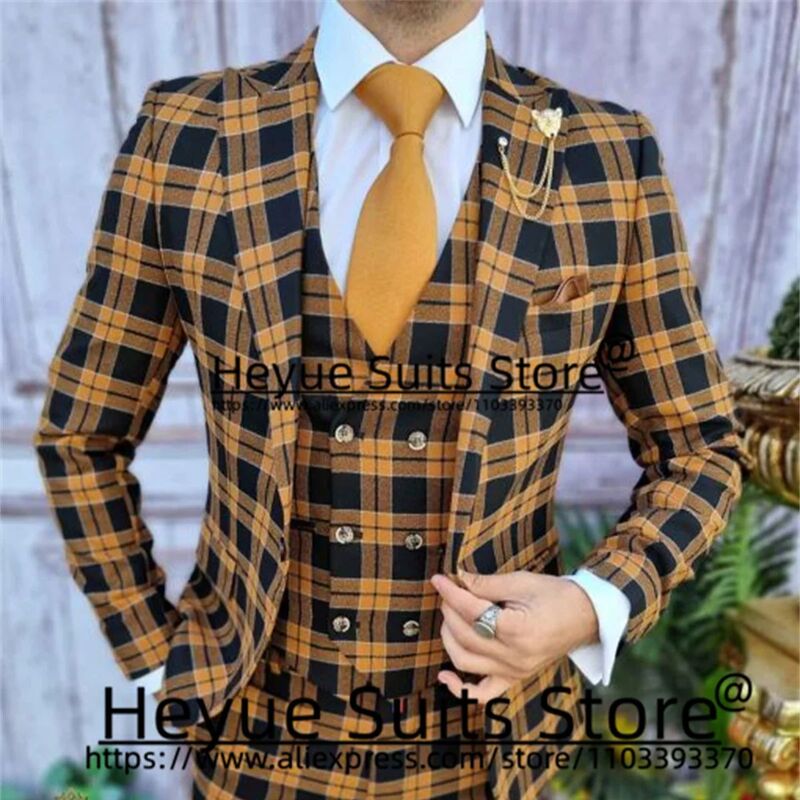 Yellow High Qublity Plaid Men Suits Slim Peak Lapel Groom Tuxedos ltaly Style 3 Pcs Fashion Male Blazer traje de hombre elegante