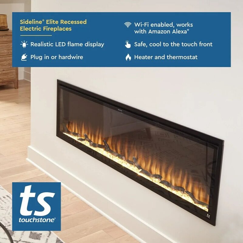 Smart WiFi-Enabled Electric Fireplace - in-Wall Recessed - 60 Color Combinations - 1500/750 Watt Heater (68-88°F Thermostat)
