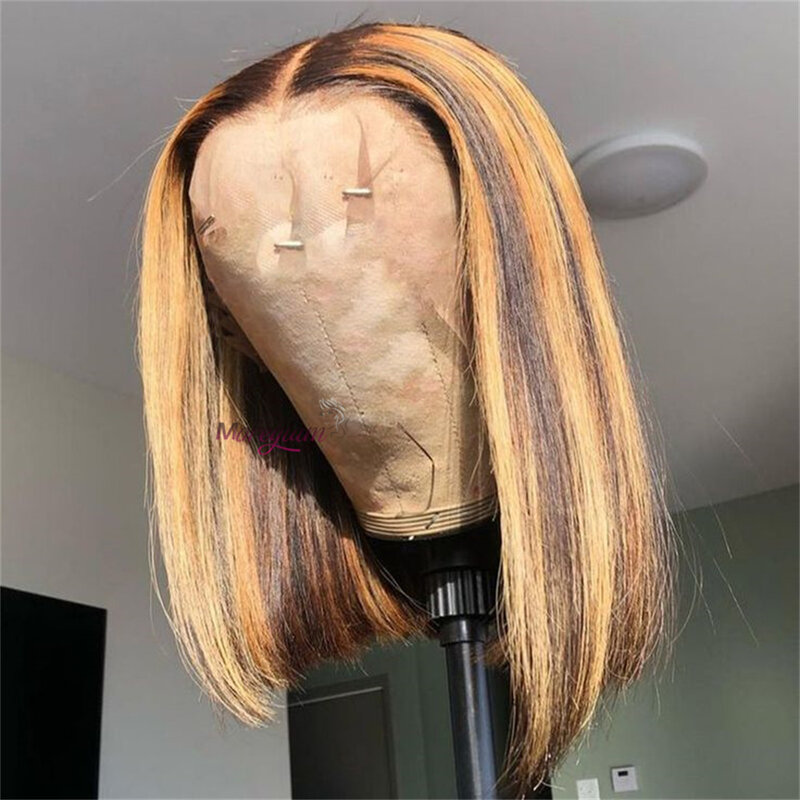 Peruca curta reta loira de cinza para mulheres, perucas de cabelo humano frontal de renda transparente, peruca 13x4, realce de densidade 180