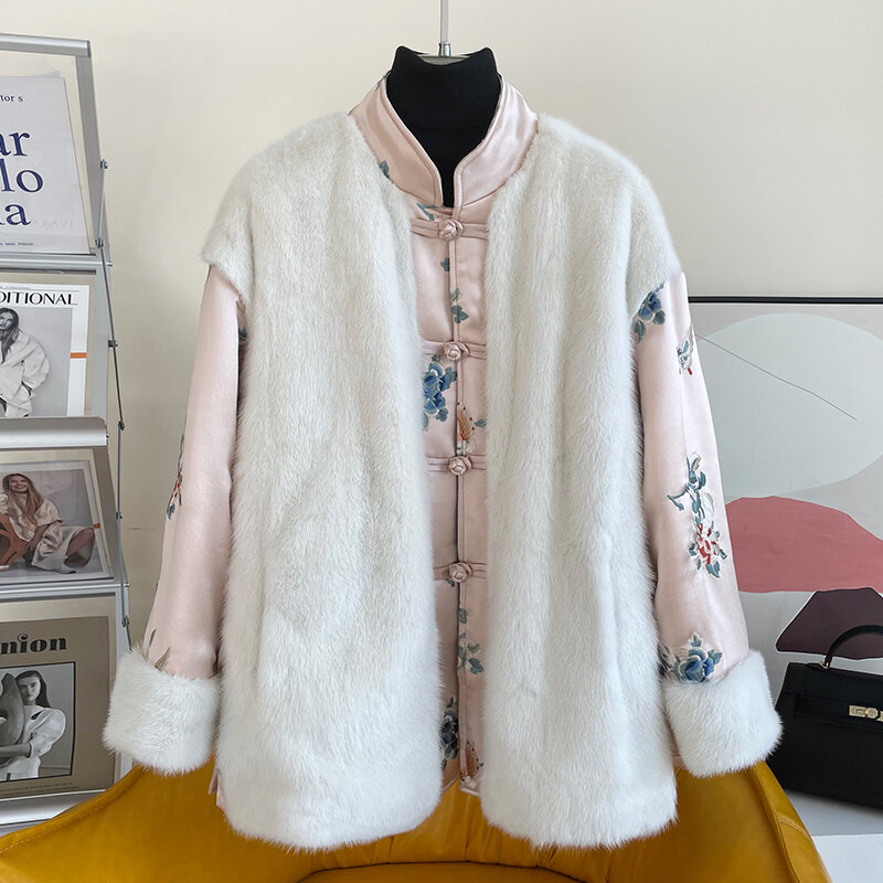 Manteau en fourrure de vison entier, rembourré en coton, mi-long, chaud, brodé, Style chinois, pour femmes, nouvelle collection