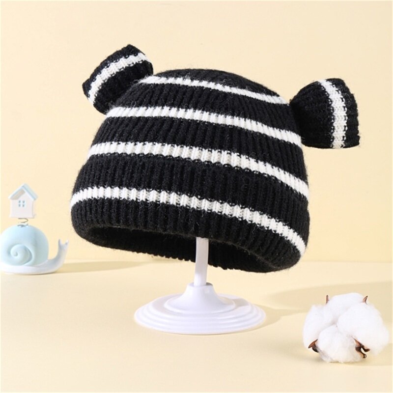 YILEEGOO dziecko dzianina w paski pluszowa czapka maluch noworodek zimowy niedźwiedź uszy ciepła czapka dla zimna pogoda