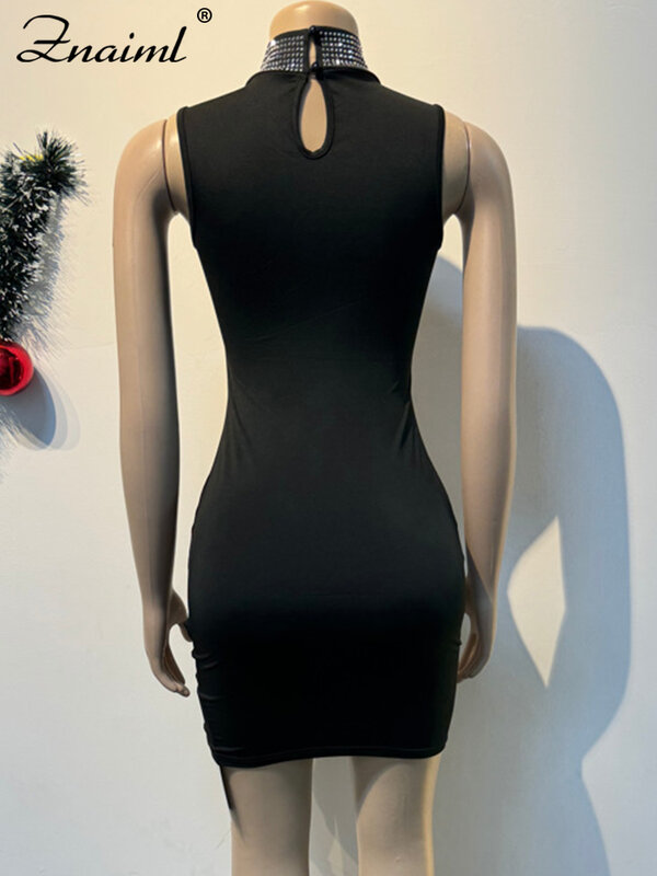 Znaiml-Mini vestido negro ajustado sin mangas para mujer, vestido Sexy de lujo con diamantes de imitación, vestido cruzado a la cadera para fiesta de cumpleaños y Club