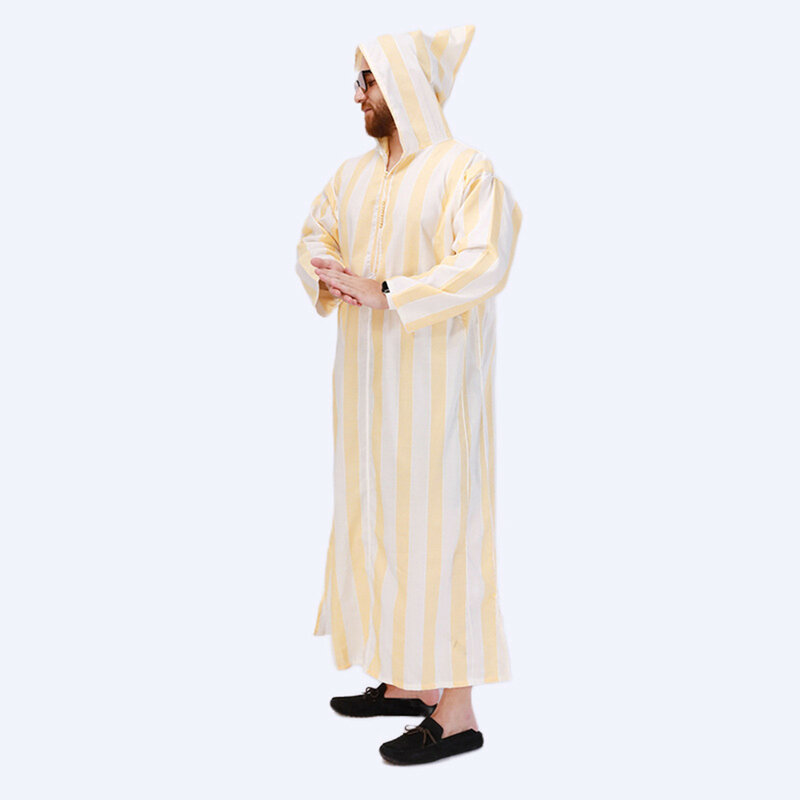 Men Casual Muslim Robe Summer Fashion Loose Muslim Hooded Nightgown Simple Stripe Print Comfortable Male Robe Jubba Thobe Abaya