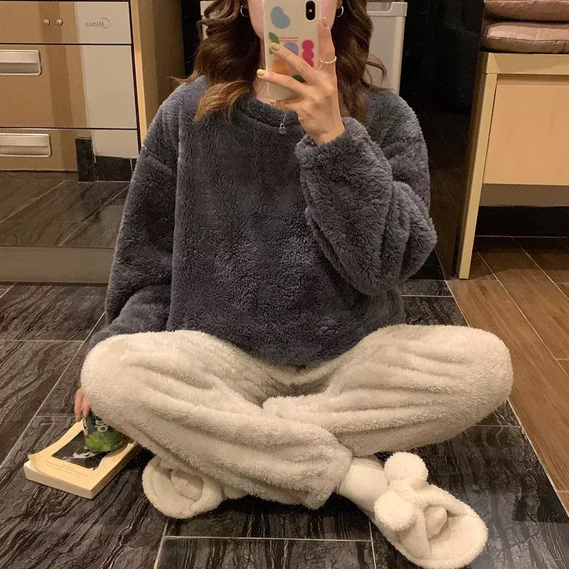 Women's Pajama Set Winter Fleece Solid O Neck Ladies Sleepwear 2 Pieces with Pant Flannel Warm Thick Pijama Suit for Female